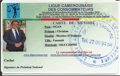 M. Christian Ngan Membre d'honneur de la Ligue Camerounaise des Consommateurs (LCC)